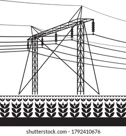 High voltage power line over the field with plants – vector illustration