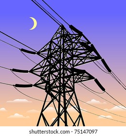 High voltage power line in sunset