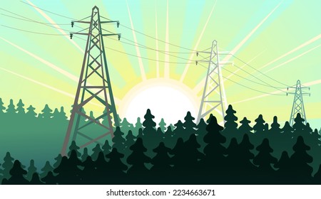 Hochspannungsleitung. Taiga-Landschaft. Energieversorgung. Metallrahmen-Stangen unterstützen Drähte. Cartoon Spaß Stil. Flaches Design. Vektorgrafik