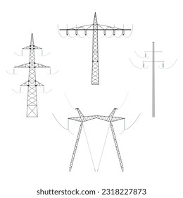 High voltage power line tangent towers electric pylons power transmission metal poles set realistic vector illustration. Urban engineering infrastructure electricity distribution industrial technology