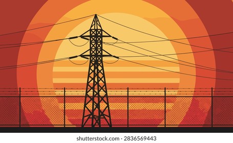 High voltage power line tower behind a security fence against a massive orange sun and warm sunset sky background.