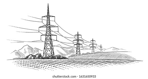 High voltage power line towers monochrome illustration. Electric transmission illustration. Vector.	