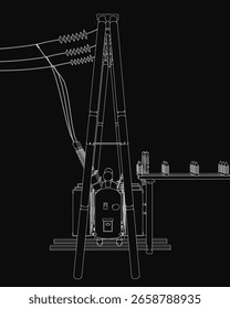 A high voltage power line with a transformer and connected wires, drawn in black and white contour style. The dark background enhances the mysterious and powerful atmosphere of this electrical.