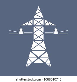 High voltage power line transmission tower or electricity pylon flat vector icon