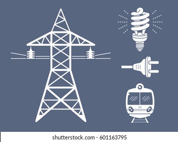 High voltage power line transmission tower or pylon, energy saving light bulb or lamp, AC plug, subway or EMU train. Electricity icons set.