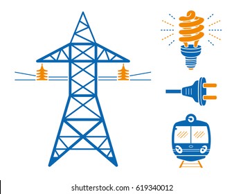 High voltage power line transmission tower or pylon, energy saving light bulb or lamp, AC plug, subway or EMU train. Electricity icons set isolated.