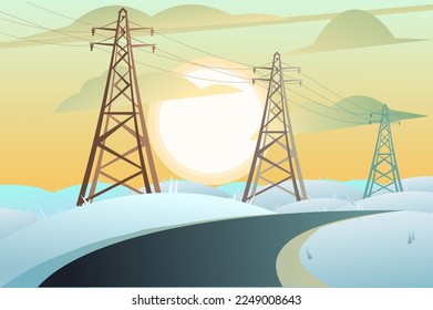 High voltage power line. Winter snow landscape. Energy supply. Metal frame poles support wires. Cartoon fun style. Flat design. Vector