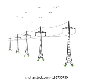 high voltage power lines and birds on white background