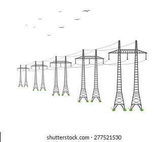 high voltage power lines and birds on white background