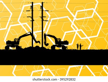 High voltage power lines construction site silhouette with heavy land moving excavator equipment and engineers in industrial concept background vector illustration