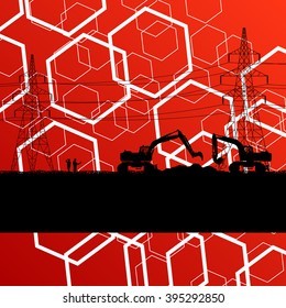High voltage power lines construction site silhouette with heavy land moving excavator equipment and engineers in industrial concept background vector illustration