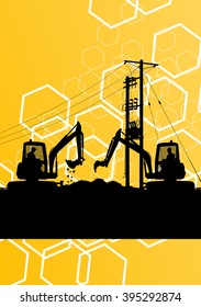 High voltage power lines construction site silhouette with heavy land moving excavator equipment and engineers in industrial concept background vector illustration