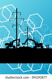 High voltage power lines construction site silhouette with heavy land moving excavator equipment and engineers in industrial concept background vector illustration