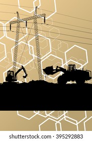 High voltage power lines construction site silhouette with heavy land moving excavator equipment and engineers in industrial concept background vector illustration