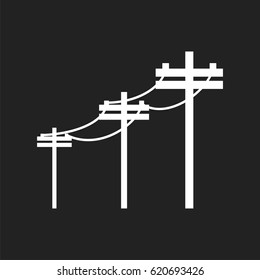 High voltage power lines. Electric pole vector icon on black background.