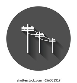 High voltage power lines. Electric pole vector icon with long shadow.