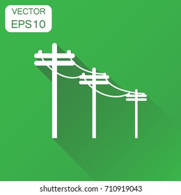 High voltage power lines icon. Business concept electric pole pictogram. Vector illustration on green background with long shadow.