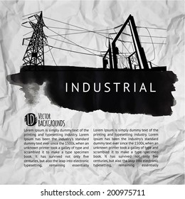 high voltage power lines on old paper background. Black vector splatters. Industrial design
