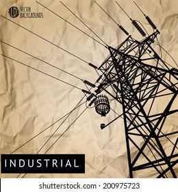 high voltage power lines on old paper background. Black vector splatters. Industrial design