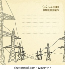 High voltage power lines over sepia backdrop. Vector illustration, eps 10, contains transparencies.