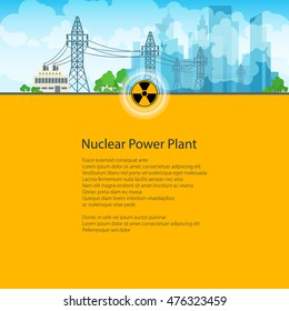 High Voltage Power Lines Supplies Electricity to the City, Poster Brochure Flyer Design, Text on Yellow Background,Radiation Sign, Vector Illustration 
