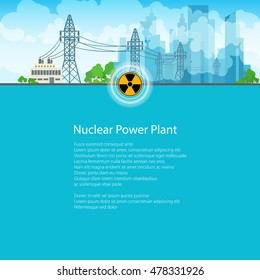 High Voltage Power Lines Supplies Electricity to the City, Poster Brochure Flyer Design, Text on Blue Background,Radiation Sign, Vector Illustration 