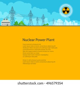 High Voltage Power Lines Supplies Electricity to the City, Electric Power Transmission, Poster Brochure Flyer Design, Text on Yellow Background, Radiation Sign, Vector Illustration 