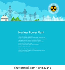 High Voltage Power Lines Supplies Electricity To The City,Electric Power Transmission, Poster Brochure Flyer Design, Text On Blue Background,Radiation Sign, Vector Illustration