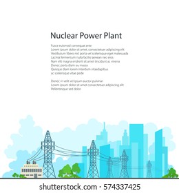 High Voltage Power Lines Supplies Electricity to the City, Electric Power Transmission on White Background and Text, Poster Brochure Flyer Design, Vector Illustration 