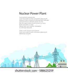 High Voltage Power Lines Supplies Electricity to the City, Electric Power Transmission on White Background and Text, Poster Brochure Flyer Design, Vector Illustration 