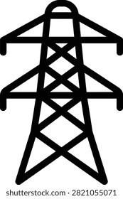 High voltage power transmission pylon icon, vector electricity tower outline.