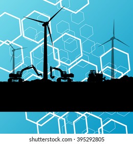 High voltage power wind turbines construction site silhouette with heavy land moving excavator equipment and engineers in industrial concept background vector illustration