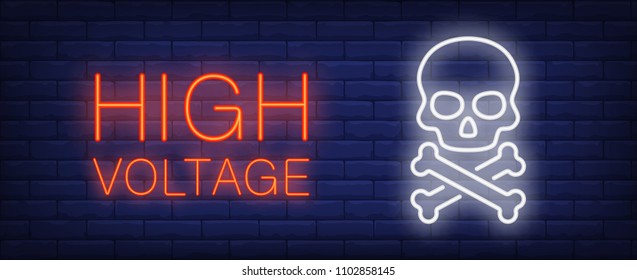 High voltage red and white neon style lettering. Death sign on brick background. Skull and crossbones. Bright wall sign. Can be used for warning sign, banner, web design