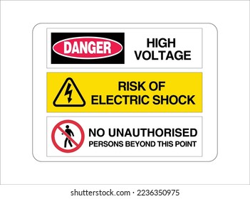 Alto voltaje, riesgo de choque eléctrico, ninguna persona no autorizada más allá de este punto - Señales de advertencia de seguridad de mensajes múltiples - Peligro internacional, peligro, prohibición y señales obligatorias