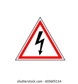 High Voltage Sign. Black arrow in white triangle framed by a red and black lines. Vector icon