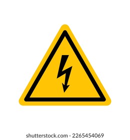 High voltage sign. Black danger icon on yellow triangle symbol. Vector illustration of electricity voltage. Hazard symbol. Danger pictogram, warning sign icon. Informing about risk and caution.