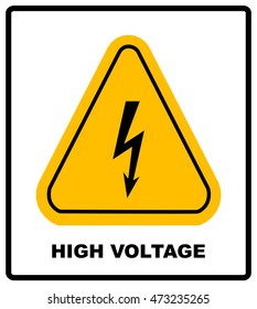 High Voltage Sign. Danger banner with text and symbol. Black arrow isolated in yellow triangle on white background. Warning icon. Vector illustration