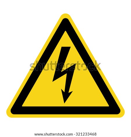 High Voltage Sign. Danger symbol. Black arrow isolated in yellow triangle on white background. Warning icon. Vector illustration 