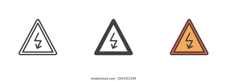 High voltage sign different style icon set. Line, glyph and filled outline colorful version, outline and filled vector sign. Electrical hazard symbol, logo illustration. Vector graphics