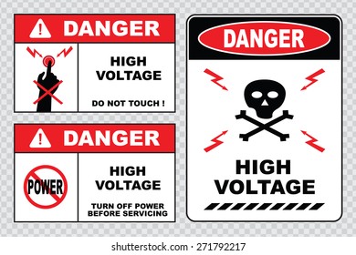 high voltage sign or electrical safety sign (high voltage do not touch, high voltage turn off power before servicing, danger high voltage skull)