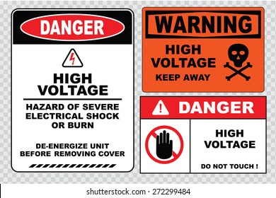 high voltage sign or electrical safety sign  (warning high voltage restricted area, danger high voltage do not touch, danger high voltage inside restricted area stop, turn off power before servicing)