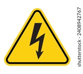 High voltage sign icon. Danger symbol vector isolated on white background. Black arrow isolated in yellow triangle on white background. Warning icon.