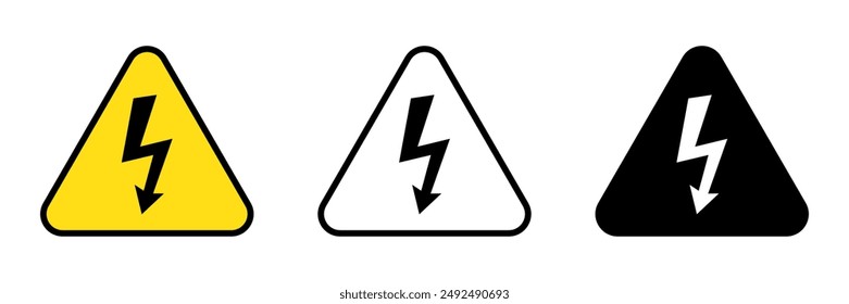 Señal de alto voltaje e icono. Símbolo de advertencia de electricidad. Alerta, peligro y peligro, precaución icono eléctrico. Triángulo con signo de rayo.