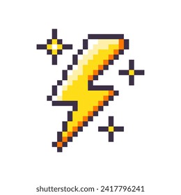 Signo de alto voltaje aislado en fondo blanco. Icono de electricidad. Luces relámpago. Icono de carga. Ilustración de arte de píxeles vectoriales en estilo antiguo de 8 bits.