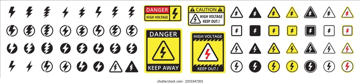 High voltage sign. Lightning bolt icon set. Electric shock caution signs. Vector illustration. Danger of high voltage shock risk.