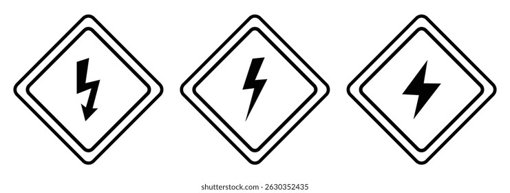 Sinal de alta tensão com raio e ícone de alta tensão. sinal de aviso de alta tensão em uma placa triangular amarela. símbolo de vetor de perigo. definir Atenção símbolos de alta tensão perigo e sinais de aviso.