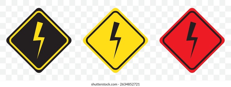 Sinal de alta tensão com relâmpago e ícone de alta tensão. Alerta, perigo e perigo, cuidado ícone elétrico. Ícone de alta tensão, símbolo de vetor de perigo isolado no fundo transparente. EPS 10.