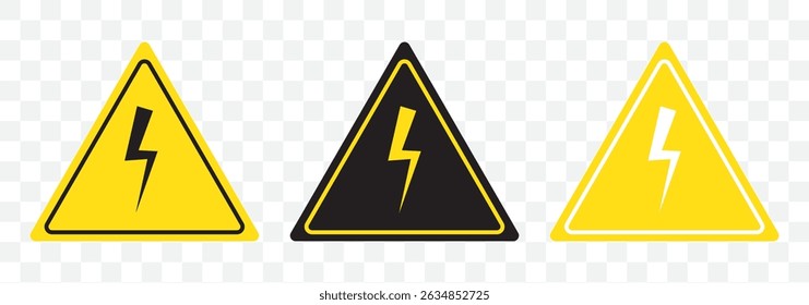 Señal de alto voltaje con rayo e icono de alto voltaje. Alerta, peligro y peligro, precaución icono eléctrico. Icono de alto voltaje, símbolo de Vector de peligro aislado en fondo transparente. EPS 10.