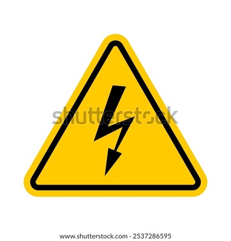 High voltage sign with lightning. Symbol of electric threat alert. Danger alert yellow triangle traffic mark vector illustration isolated on transparent.