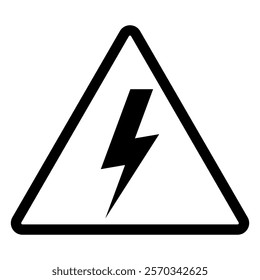 High voltage sign, lightning in triangle symbol icon, black and white illustration isolated on white background